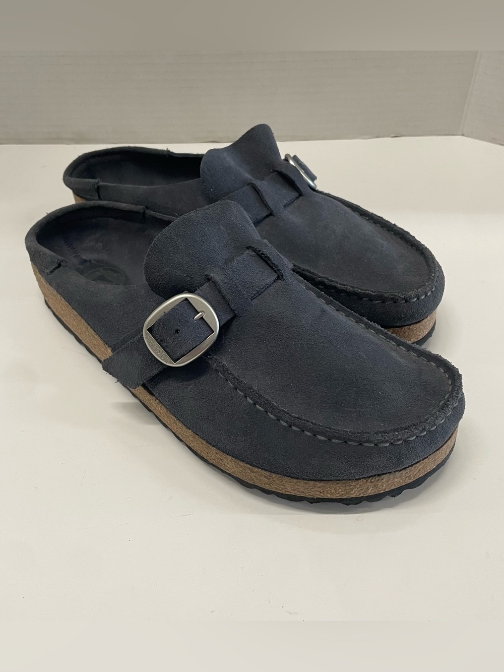 Birkenstock Buckley Clogs Navy Soft Suede Leather Buckle Women Size 9 Mens 7
